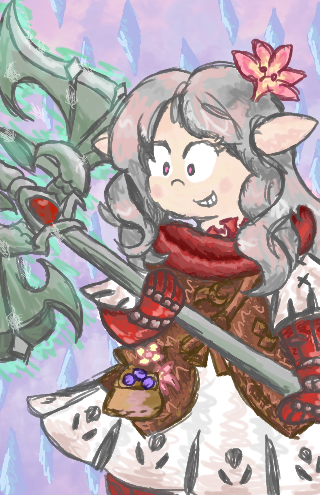 Portrait illustration of a small dwarf like lady with a flower in her hair, carrying a giant battle axe larger than her head.